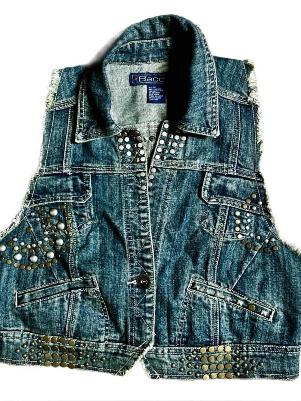 Baccini ~Rocker/Biker ~ Medium ~ Blue Denim W/Silver & Gold Studded Cropped Vest